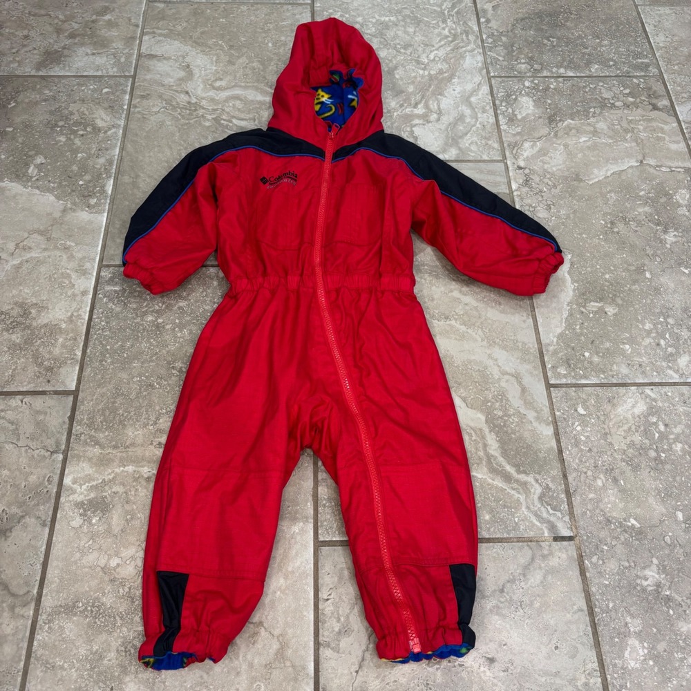 Columbia Tectonite Kids Snow Suit Red Black Fleece Lined One Piece Bunting 3T
